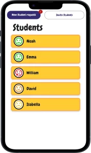 The app's teacher students overview feature is displayed in a screenshot, showcasing an easy-to-use interface that provides a quick summary of each music student's progress. This feature enables the teacher to track the amount of practice completed by each student, allowing them to monitor progress while teaching music.
